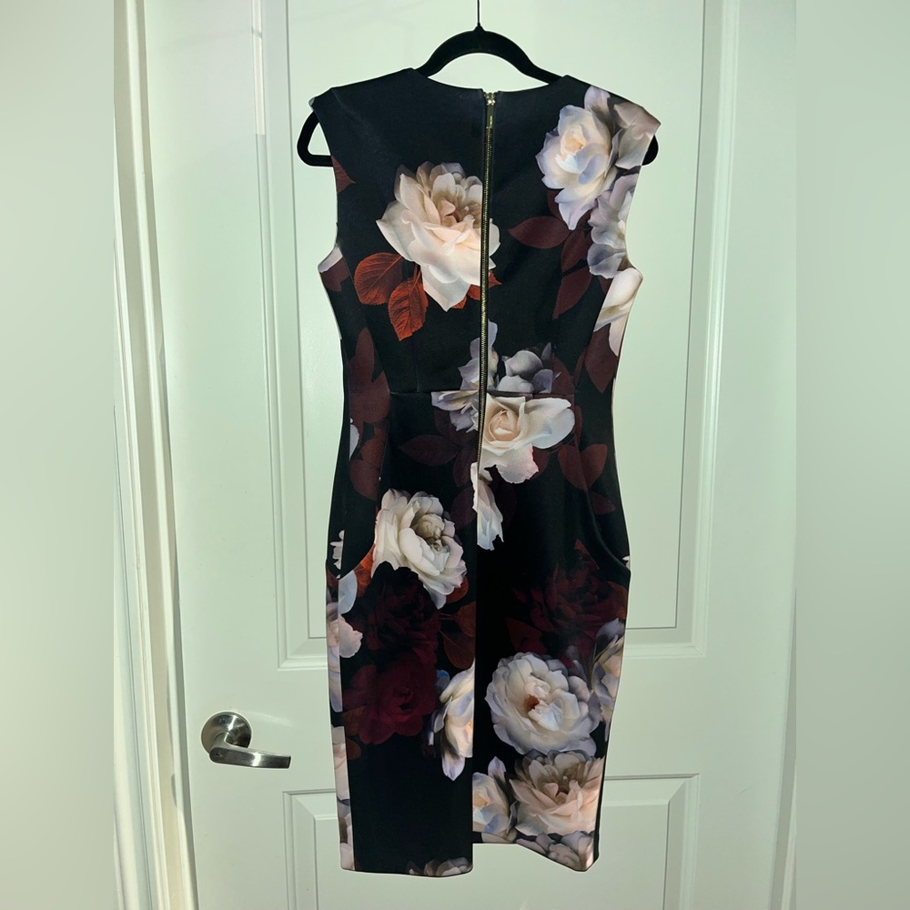 Calvin Klein Black Midi Dress with Cream and Burgundy Floral Print - Picture 2 of 3